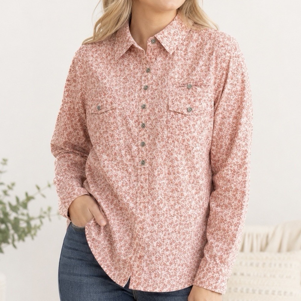 Ruff Hewn Pink Ditsy Floral Cotton Blouse Button Up XL Western Boho Cowgirl Chic